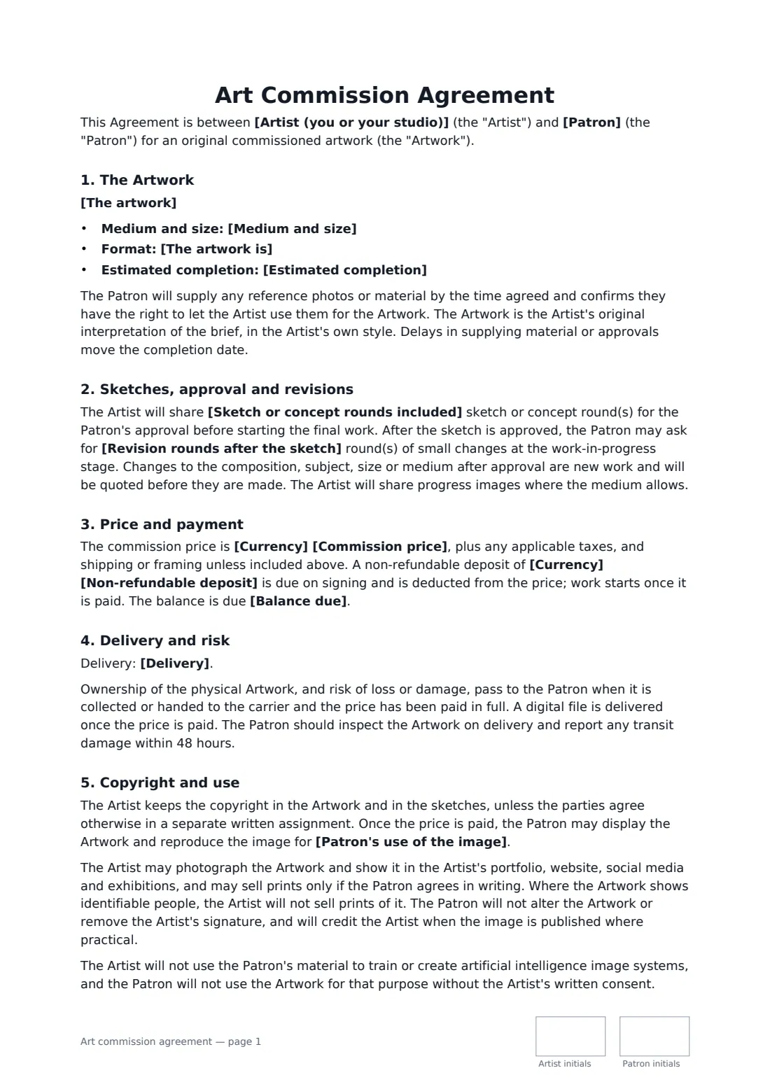 Art commission agreement — page 1 of 2