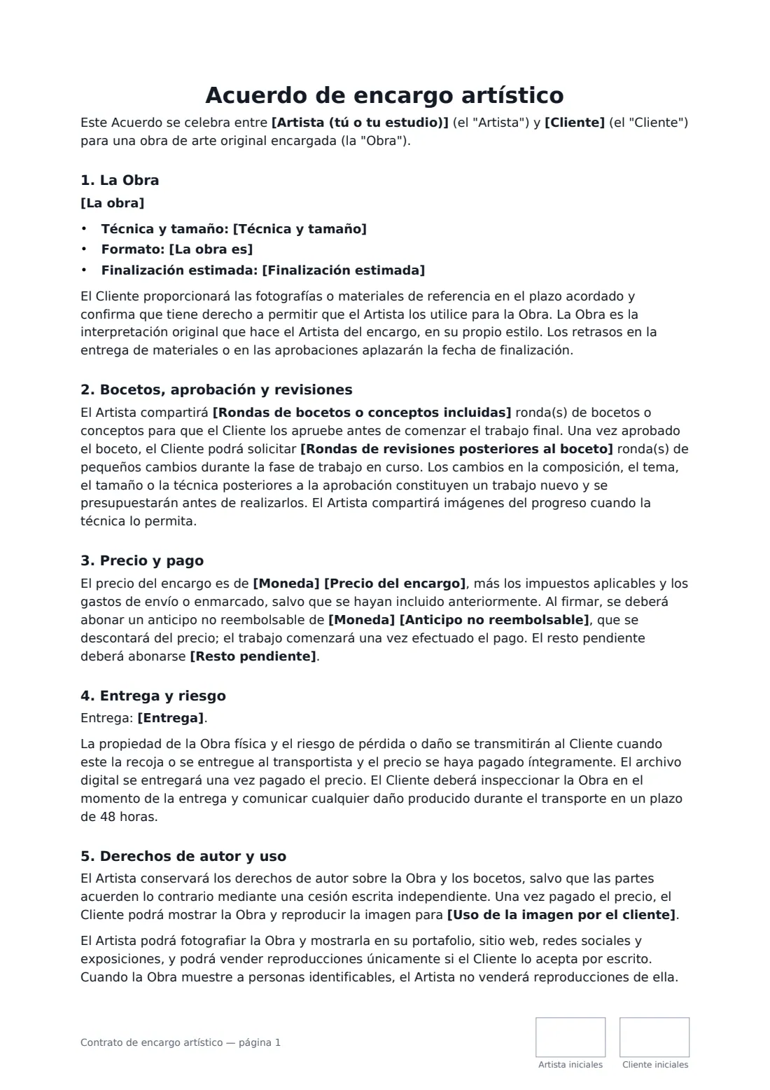 Contrato de encargo artístico: página 1 de 2