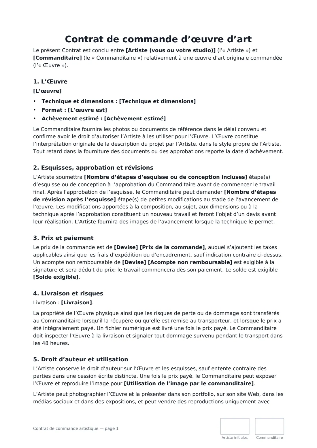 Contrat de commande artistique — page 1 sur 2