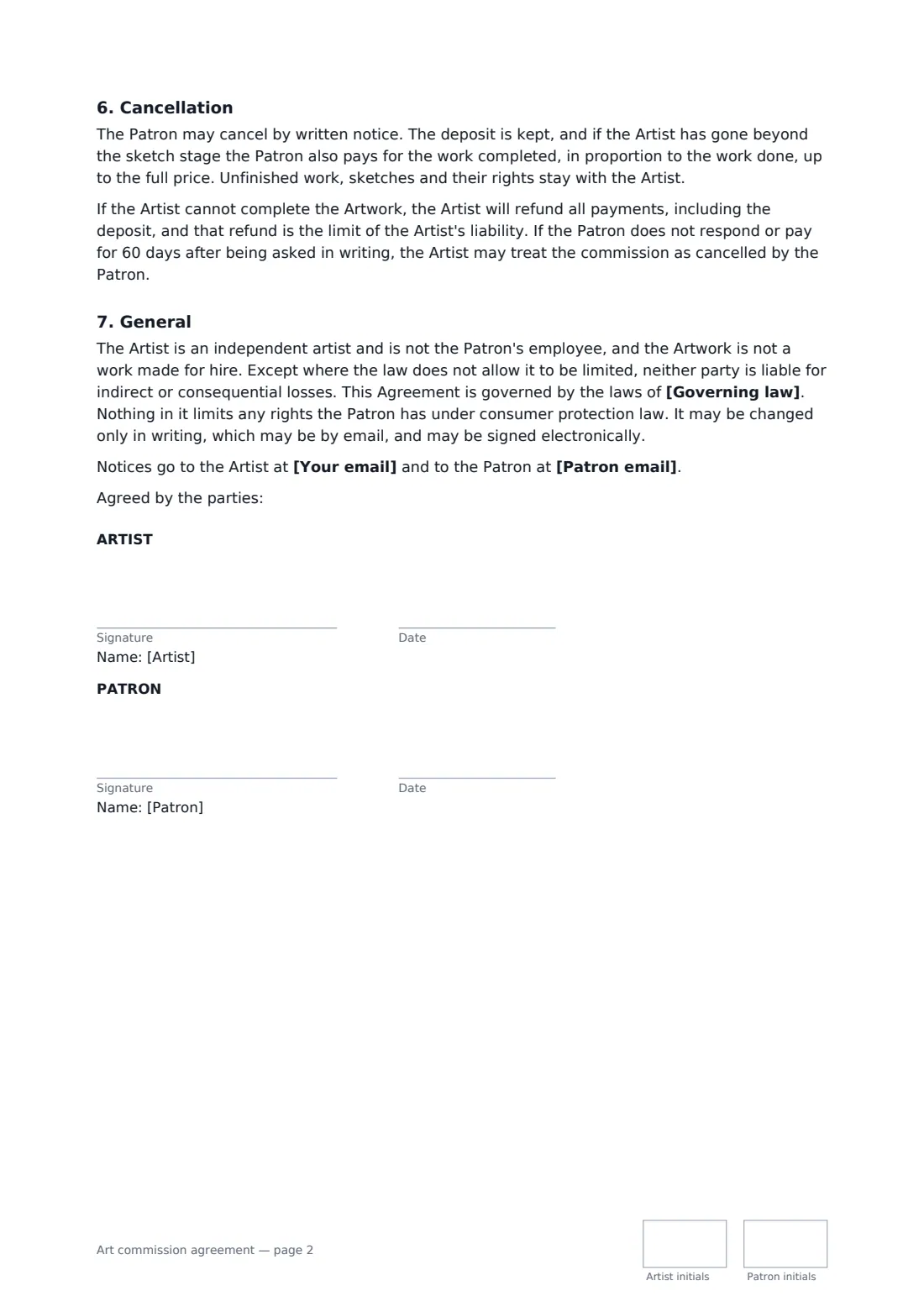 Art commission agreement — page 2 of 2