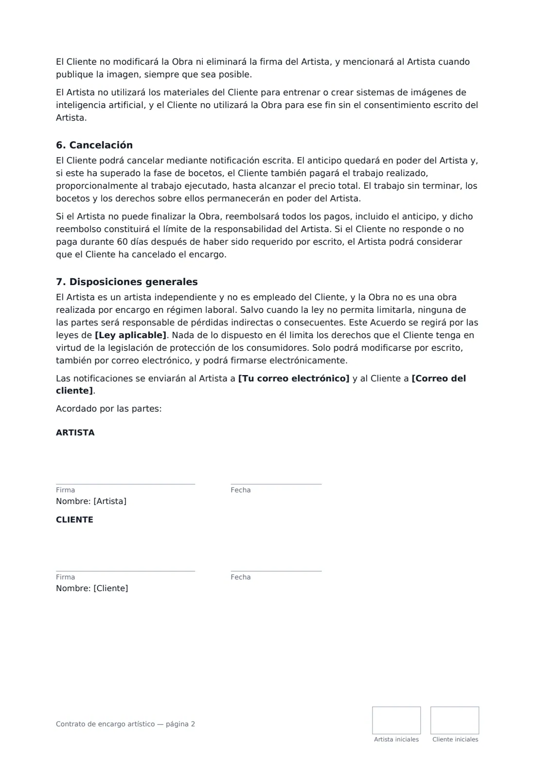 Contrato de encargo artístico: página 2 de 2