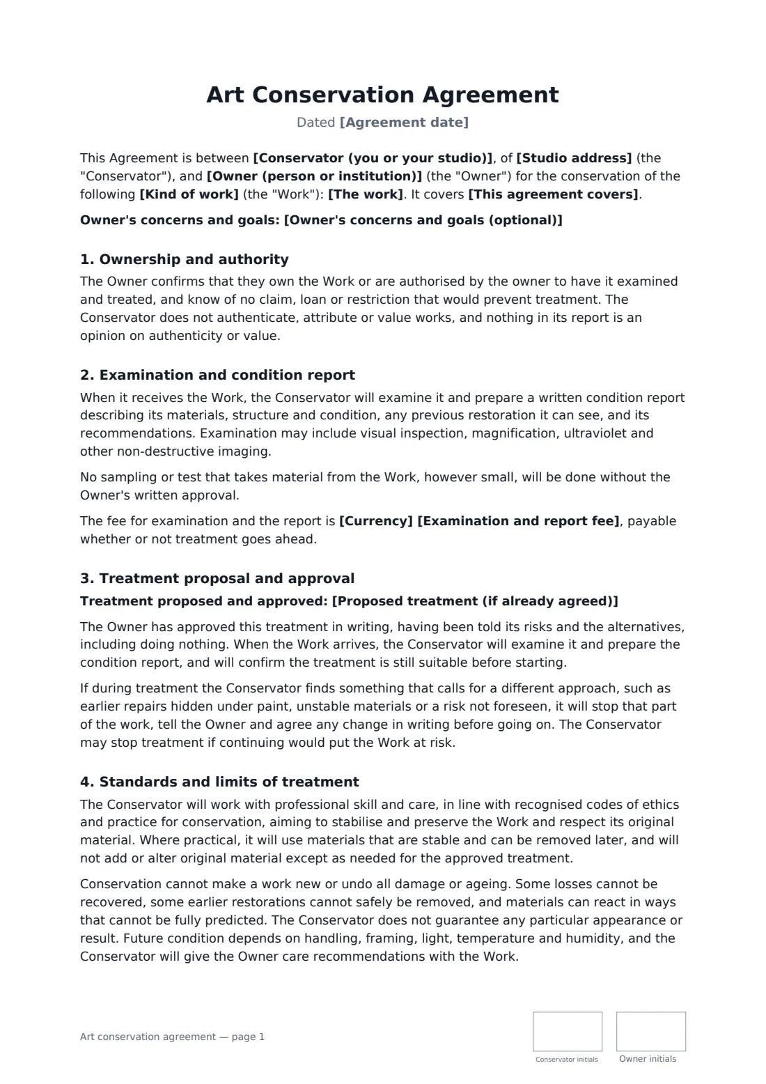 Art conservation agreement — page 1 of 3