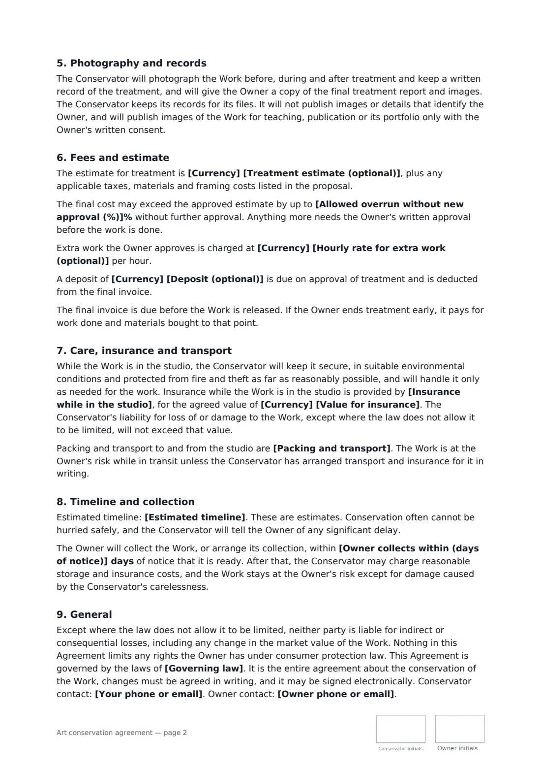 Art conservation agreement — page 2 of 3