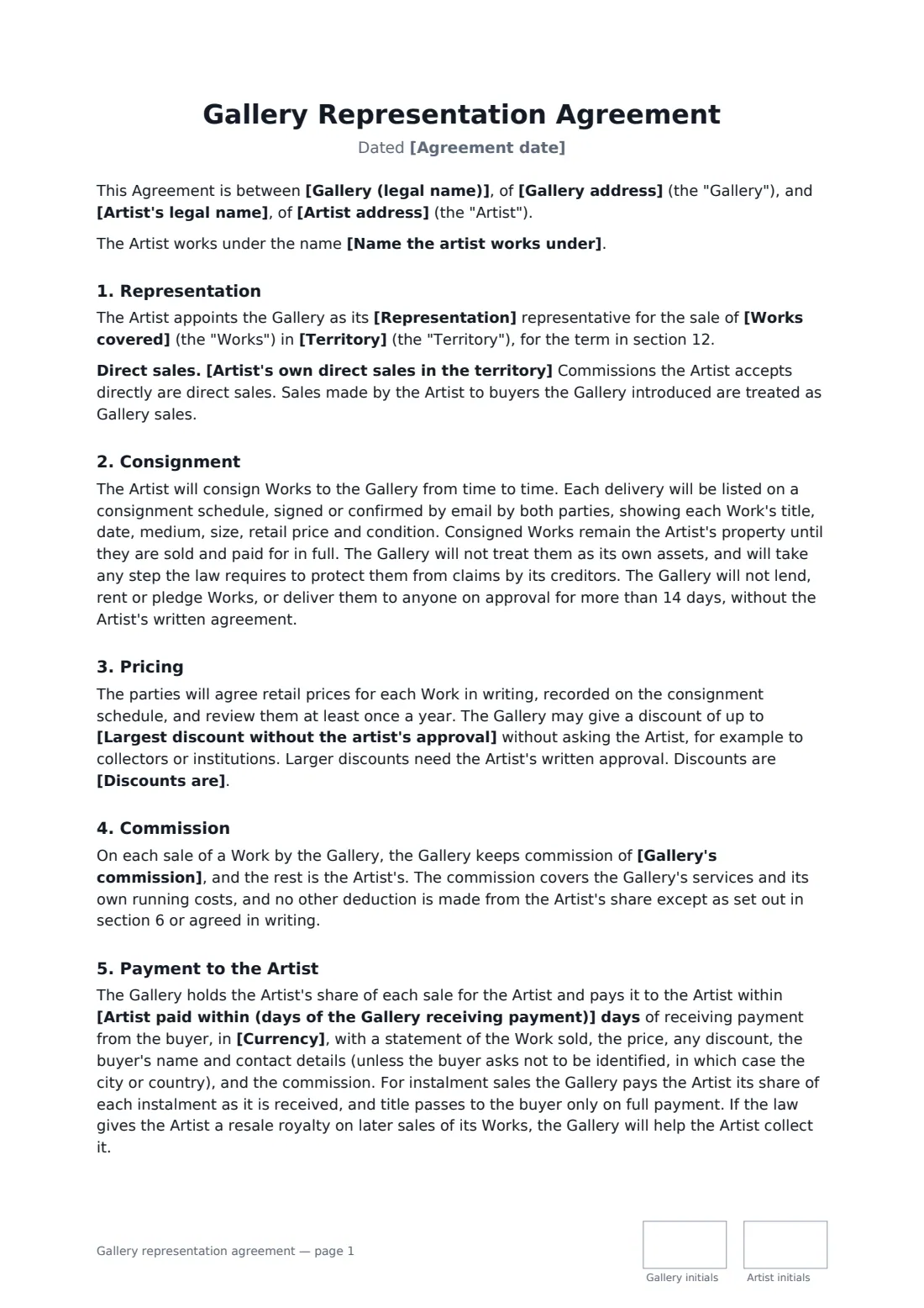 Gallery representation agreement — page 1 of 3