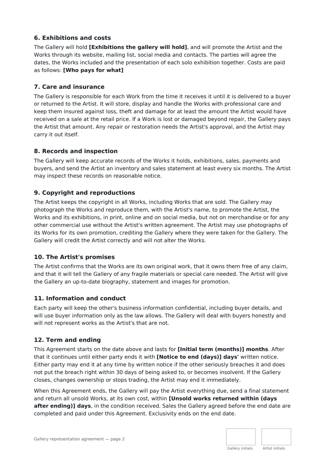 Gallery representation agreement — page 2 of 3