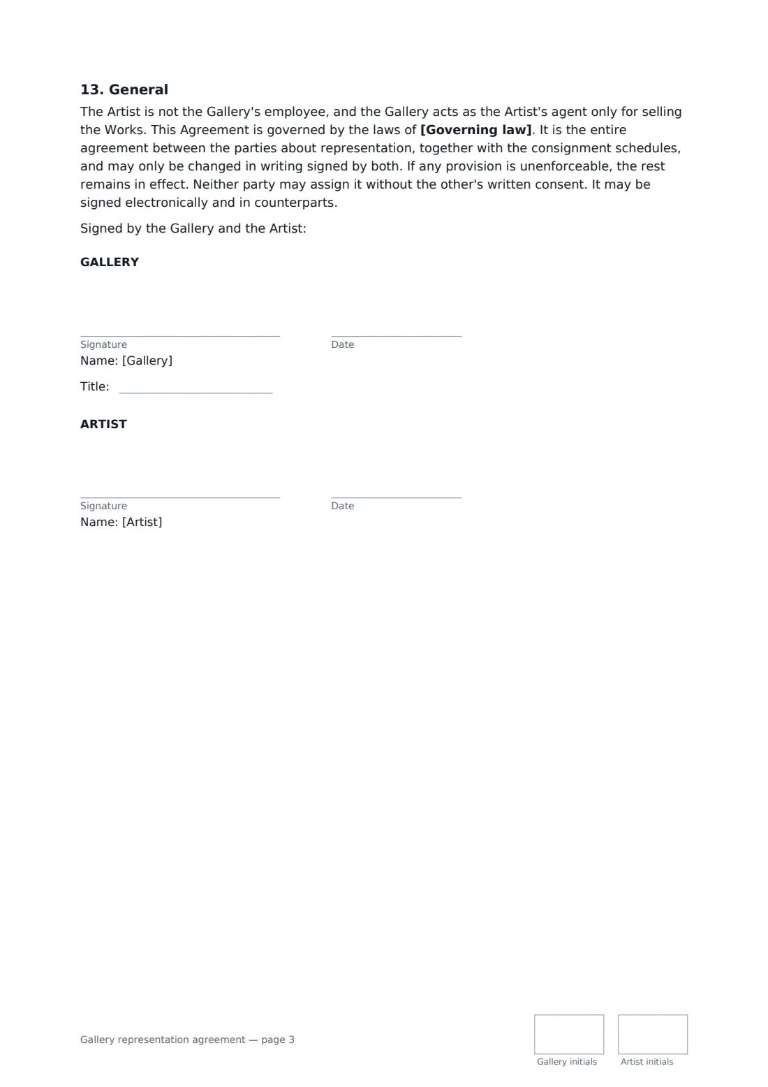Gallery representation agreement — page 3 of 3