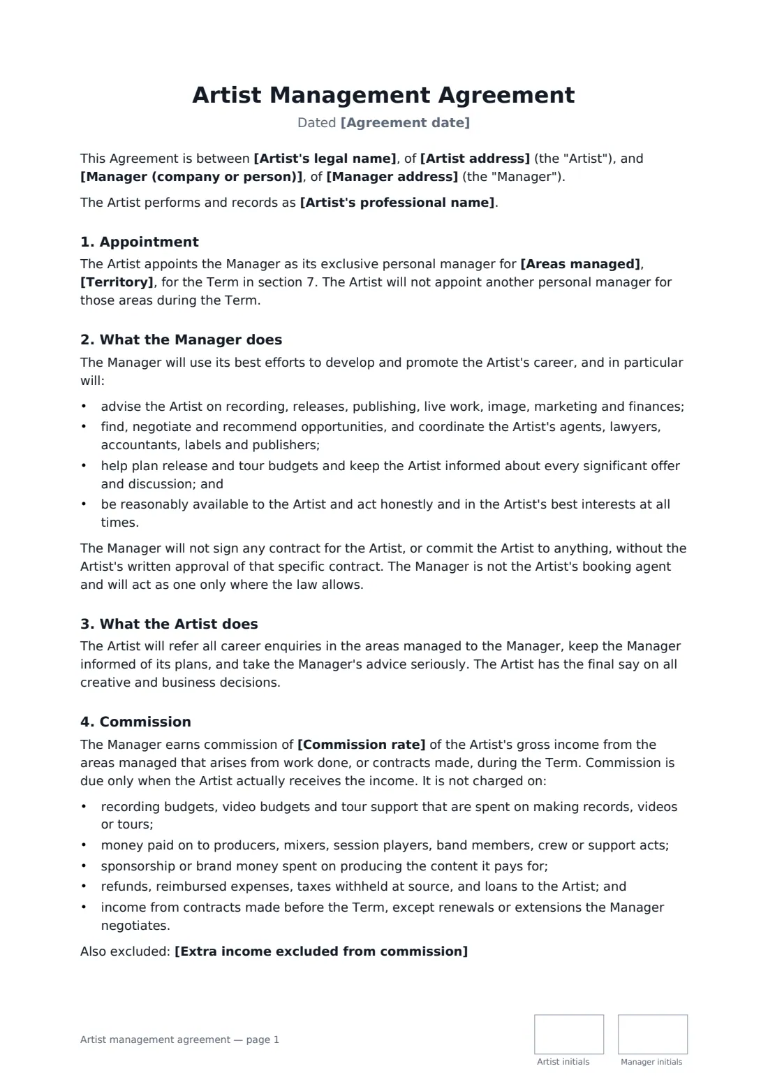 Artist management agreement — page 1 of 3