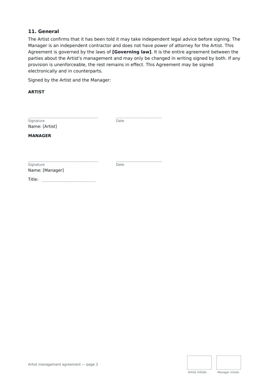 Artist management agreement — page 3 of 3