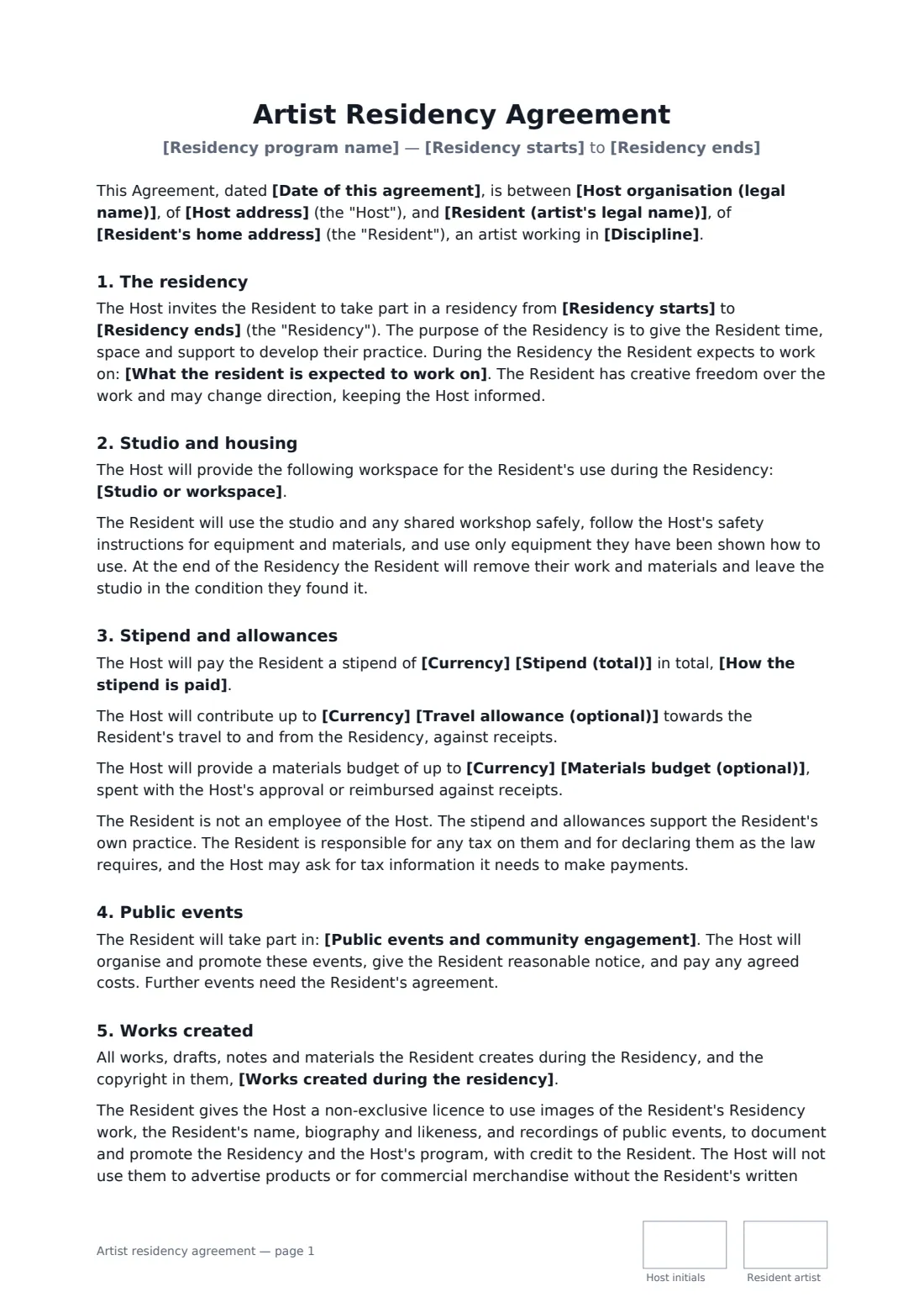Artist residency agreement — page 1 of 3