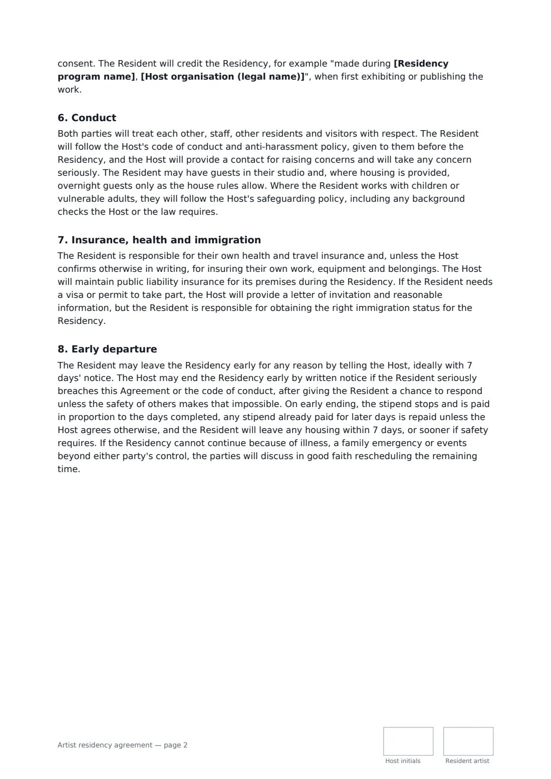 Artist residency agreement — page 2 of 3