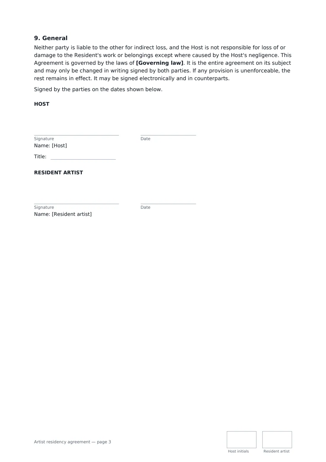 Artist residency agreement — page 3 of 3