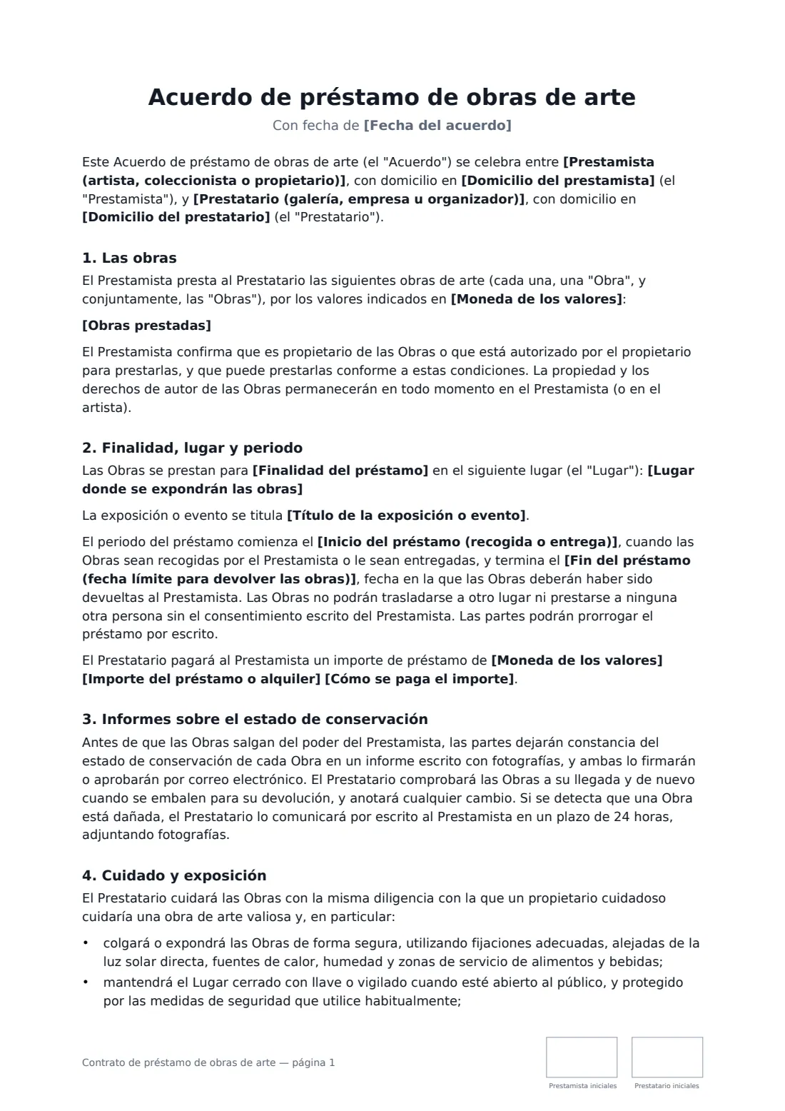 Contrato de préstamo de obras de arte: página 1 de 3