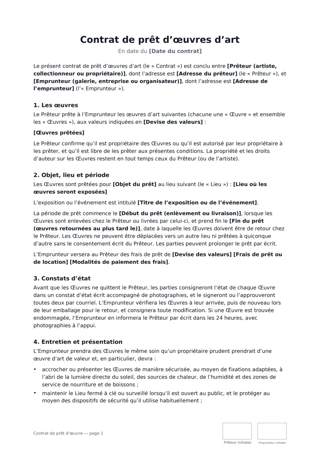 Contrat de prêt d’œuvre — page 1 sur 3