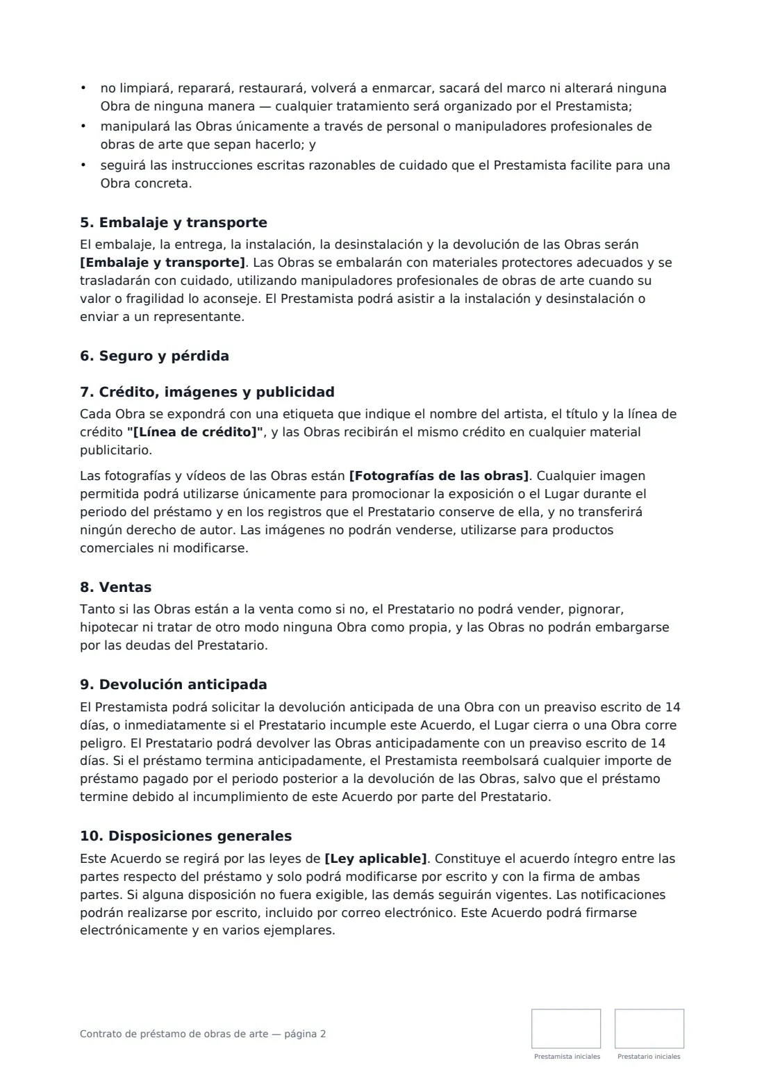 Contrato de préstamo de obras de arte: página 2 de 3