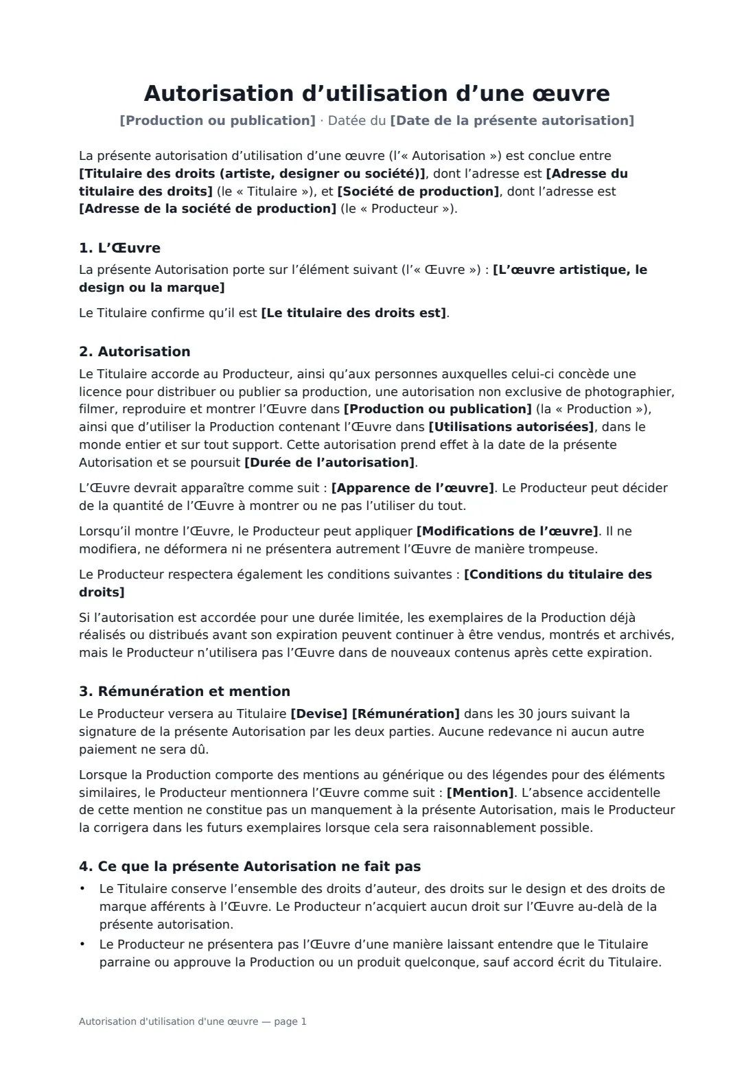 Autorisation d'utilisation d'une œuvre — page 1 sur 2