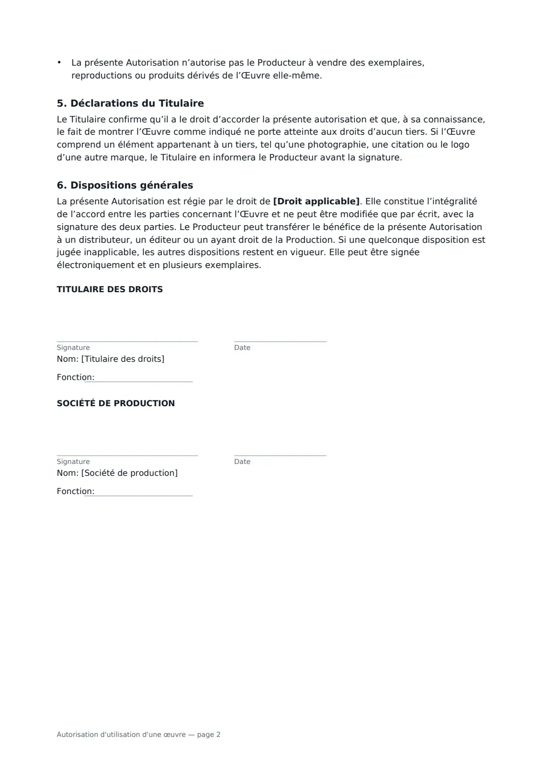 Autorisation d'utilisation d'une œuvre — page 2 sur 2