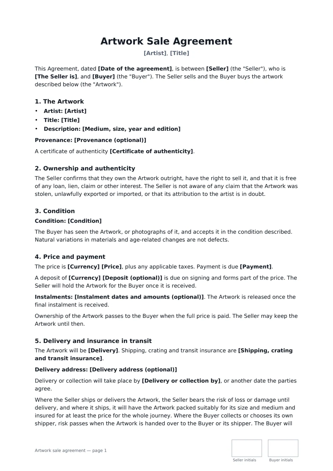 Artwork sale agreement — page 1 of 2