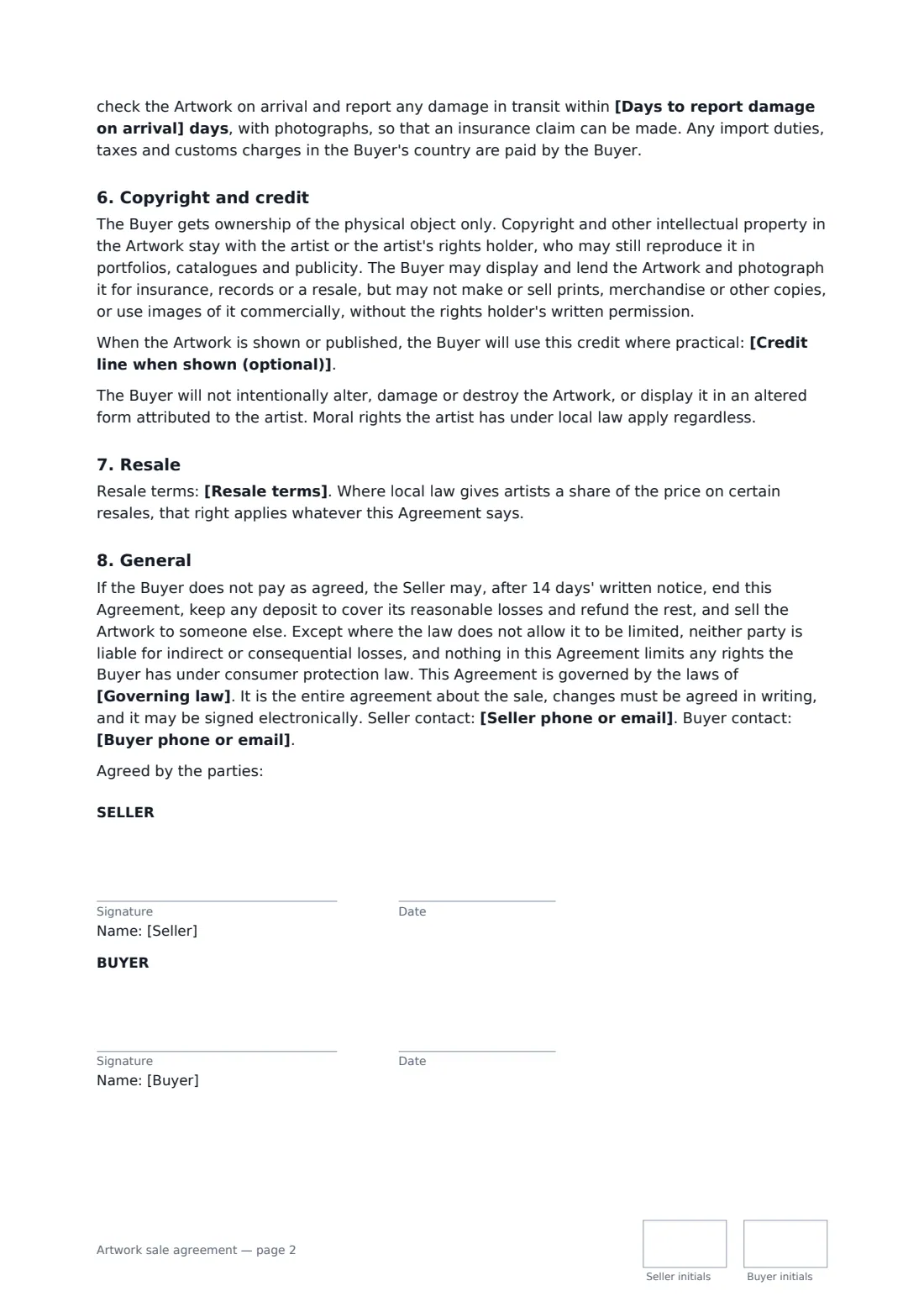 Artwork sale agreement — page 2 of 2