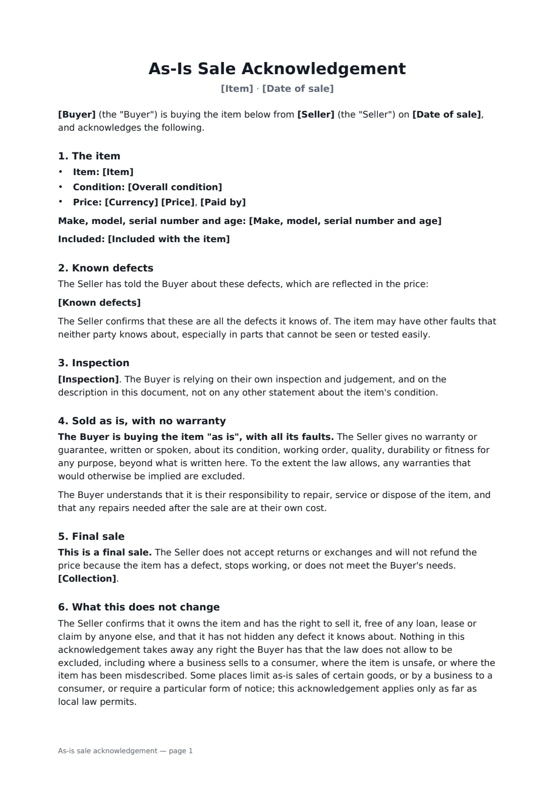 As-is sale acknowledgement — page 1 of 2
