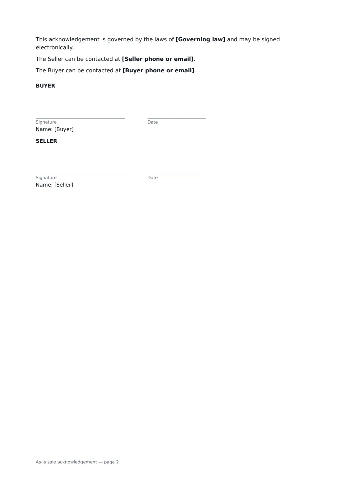 As-is sale acknowledgement — page 2 of 2