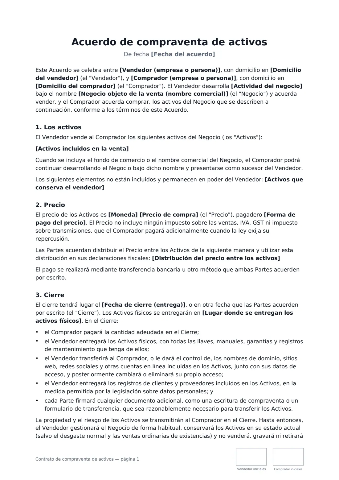 Contrato de compraventa de activos: página 1 de 3