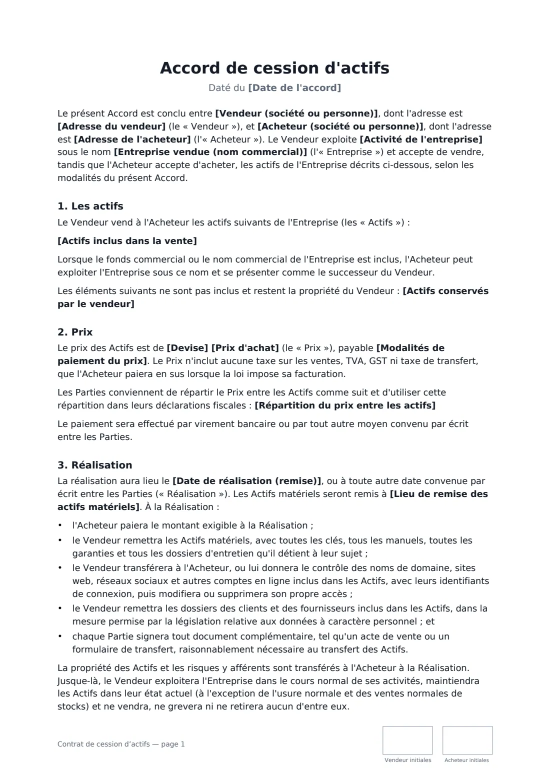 Contrat de cession d’actifs — page 1 sur 3