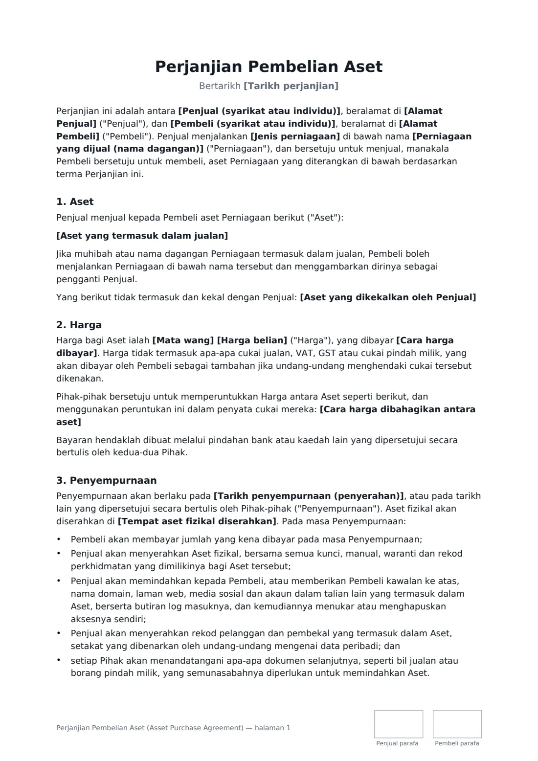 Perjanjian Pembelian Aset (Asset Purchase Agreement) — halaman 1 daripada 4