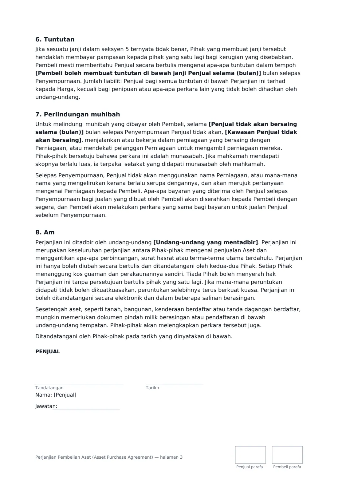 Perjanjian Pembelian Aset (Asset Purchase Agreement) — halaman 3 daripada 4