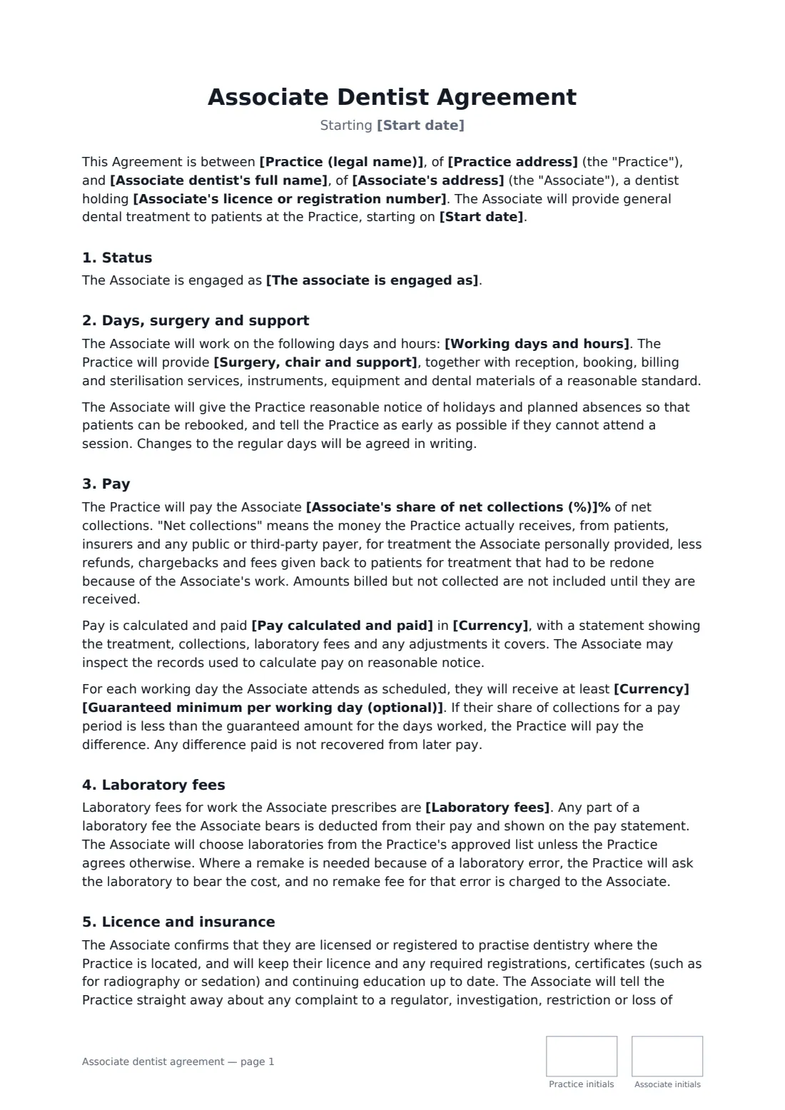 Associate dentist agreement — page 1 of 3