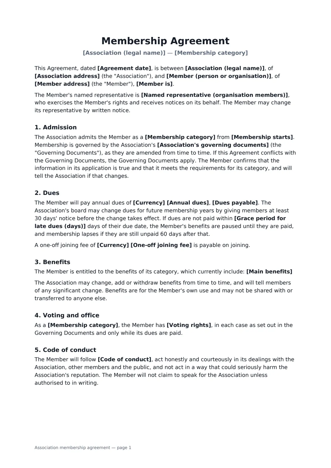 Association membership agreement — page 1 of 3