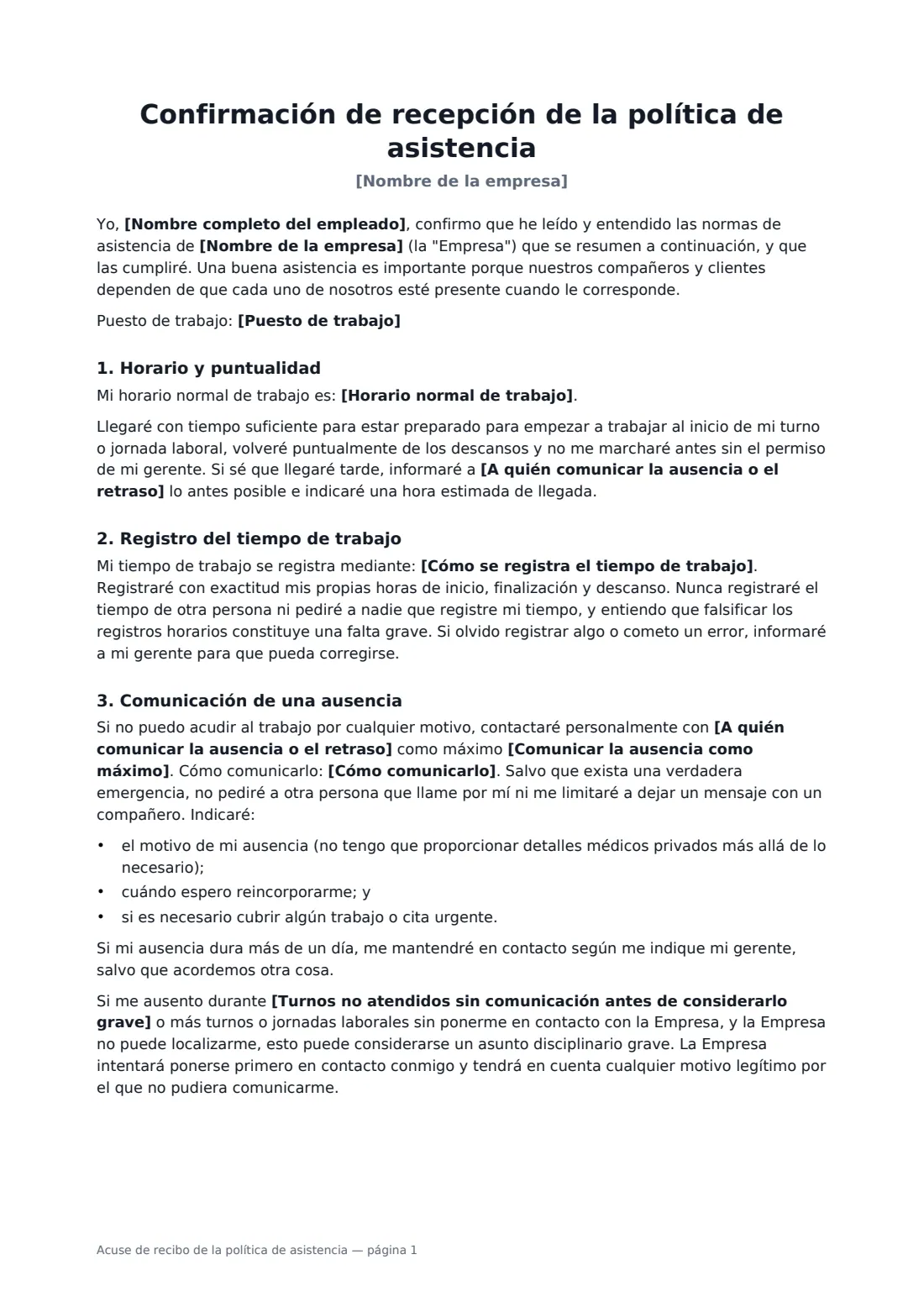 Acuse de recibo de la política de asistencia: página 1 de 3
