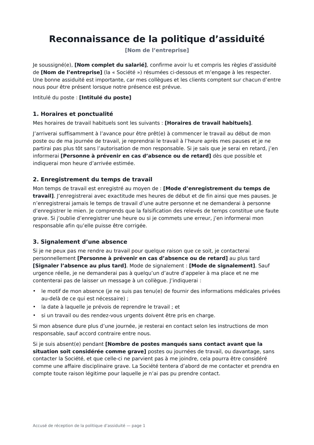Accusé de réception de la politique d’assiduité — page 1 sur 3