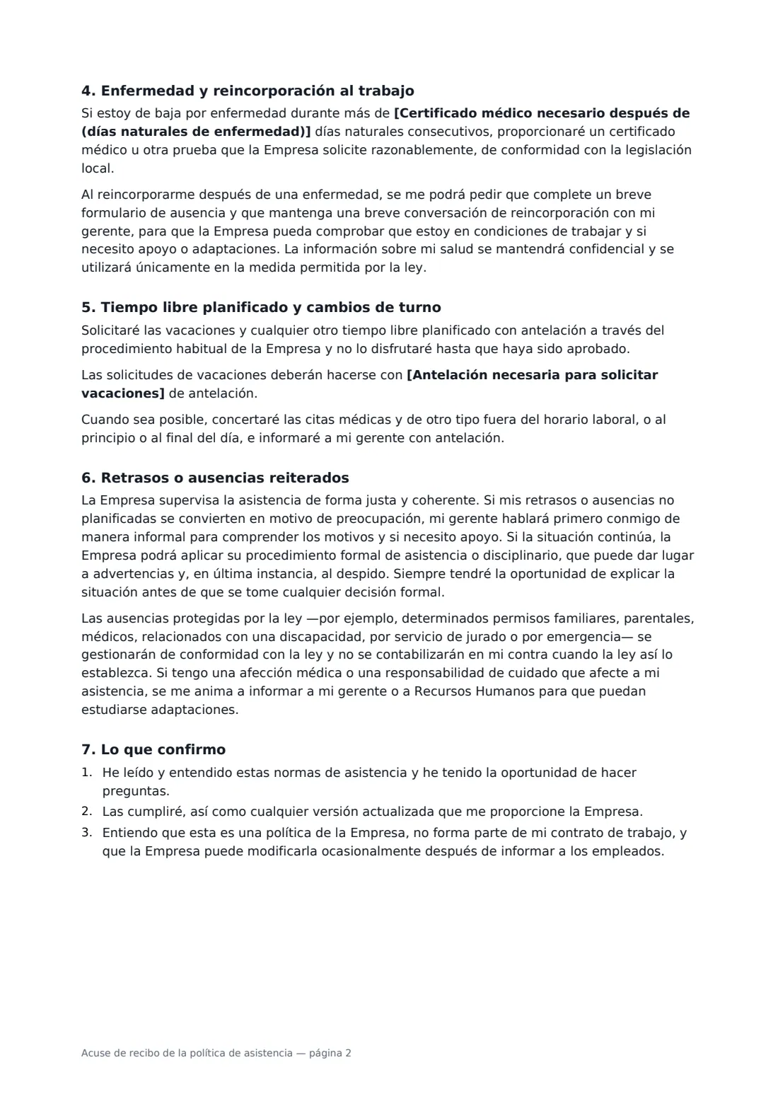 Acuse de recibo de la política de asistencia: página 2 de 3