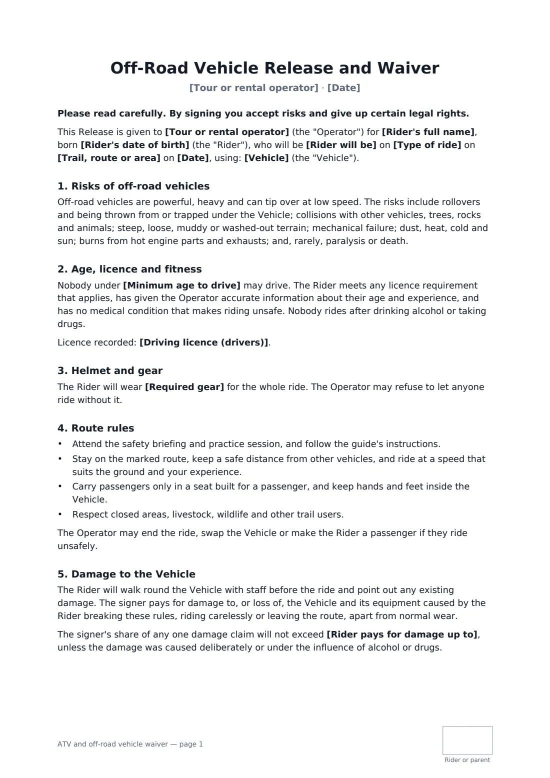 ATV and off-road vehicle waiver — page 1 of 2