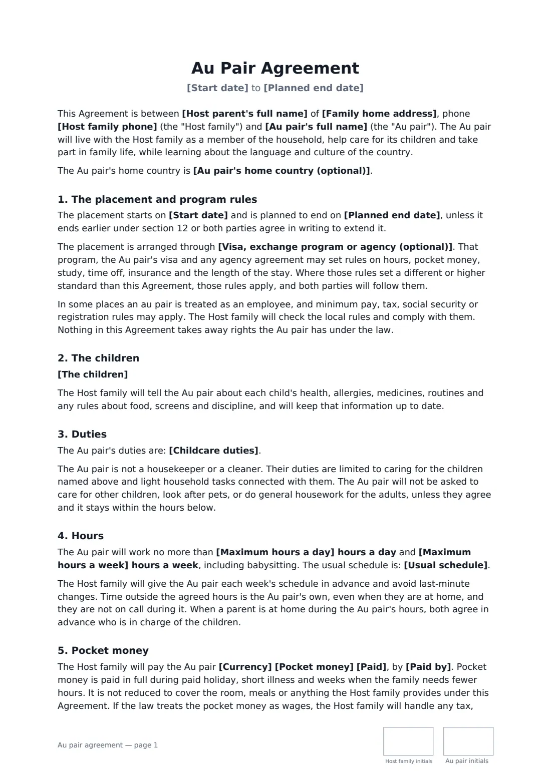 Au pair agreement — page 1 of 4