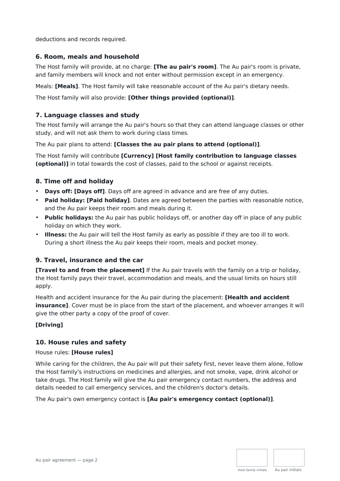 Au pair agreement — page 2 of 4