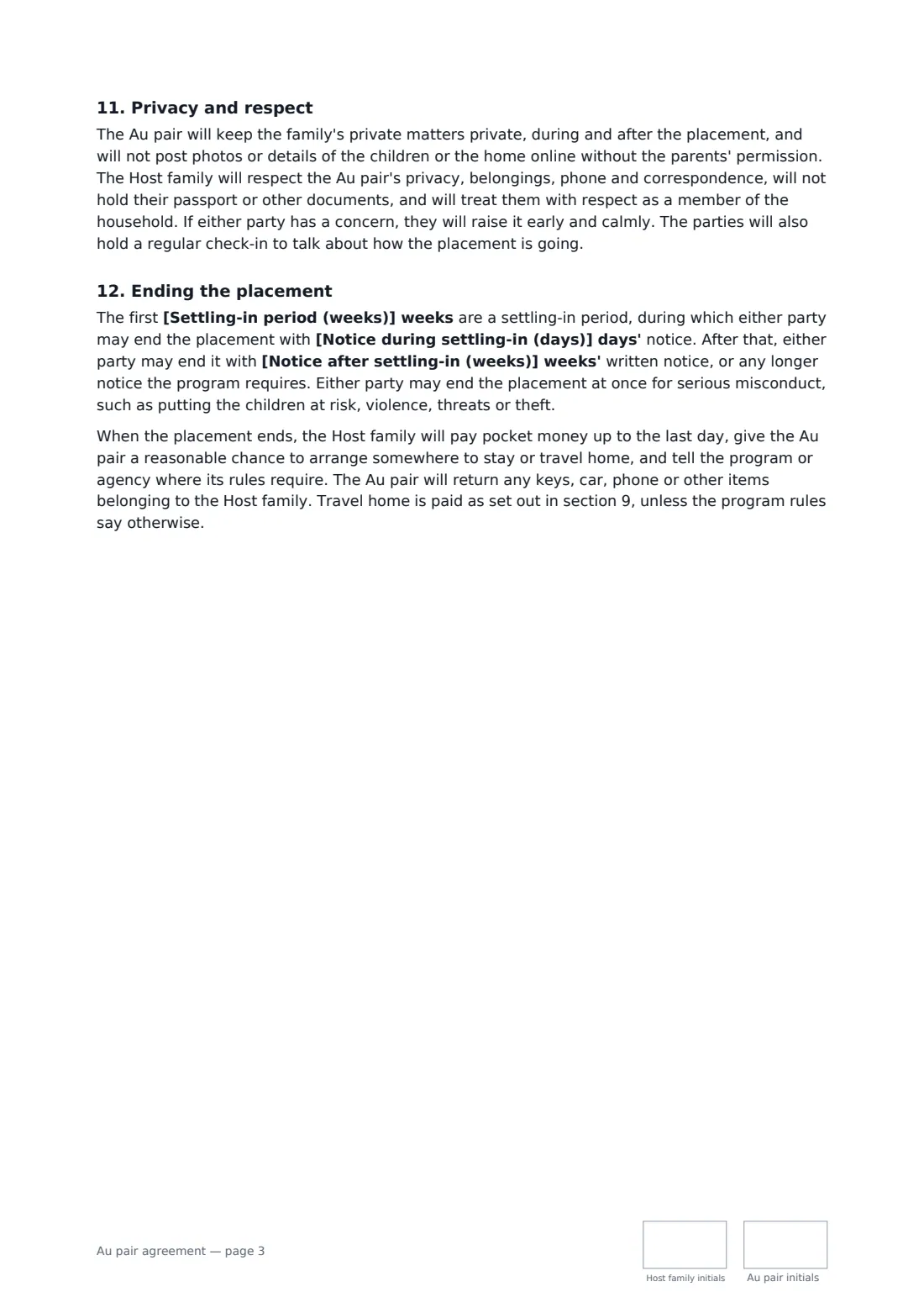 Au pair agreement — page 3 of 4