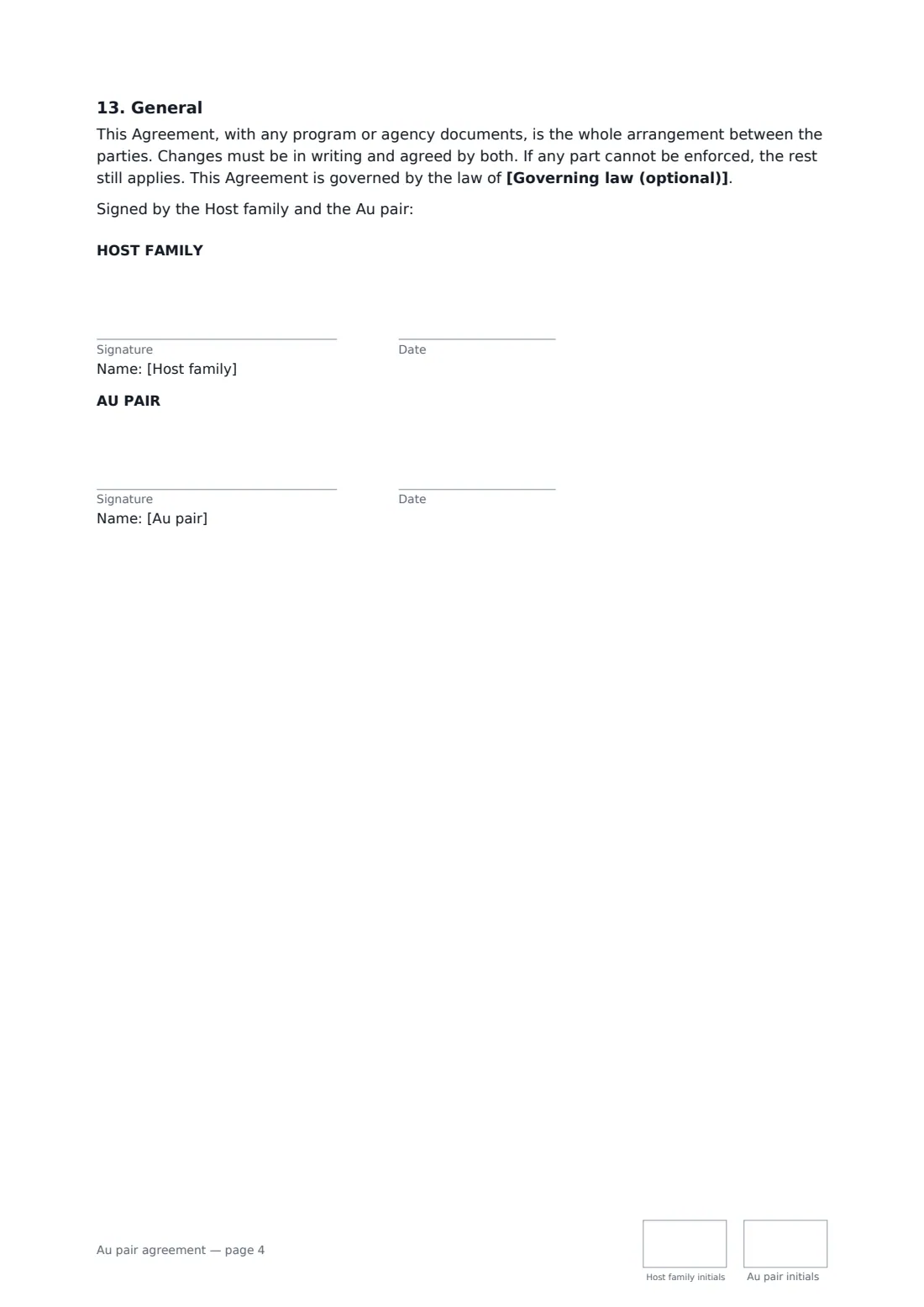Au pair agreement — page 4 of 4