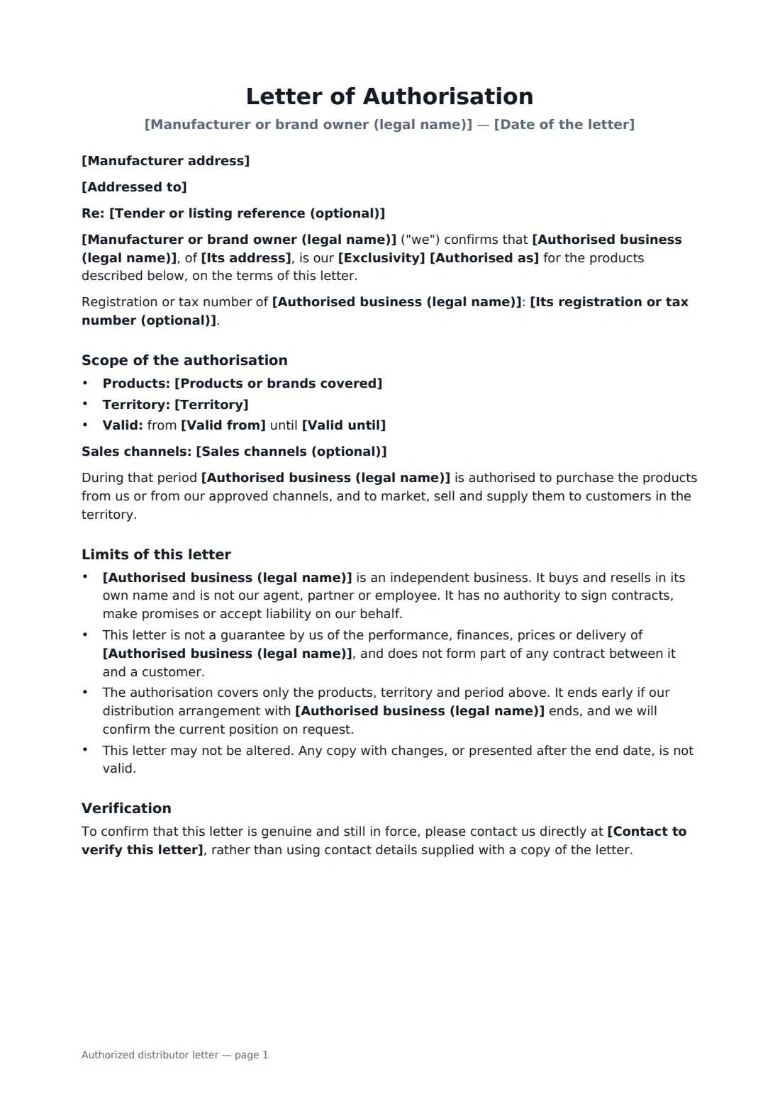Authorized distributor letter — page 1 of 2