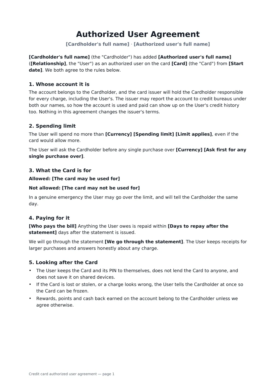 Credit card authorized user agreement — page 1 of 2