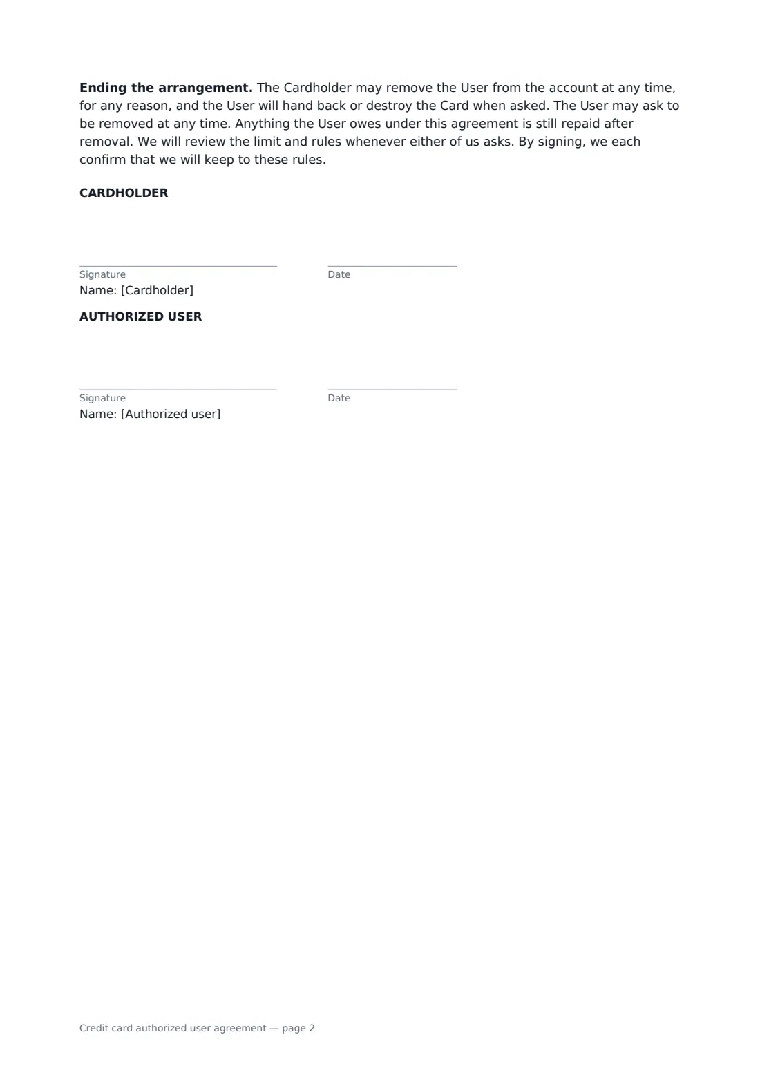 Credit card authorized user agreement — page 2 of 2