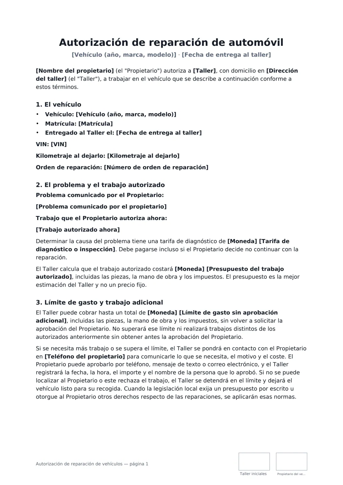 Autorización de reparación de vehículos: página 1 de 3