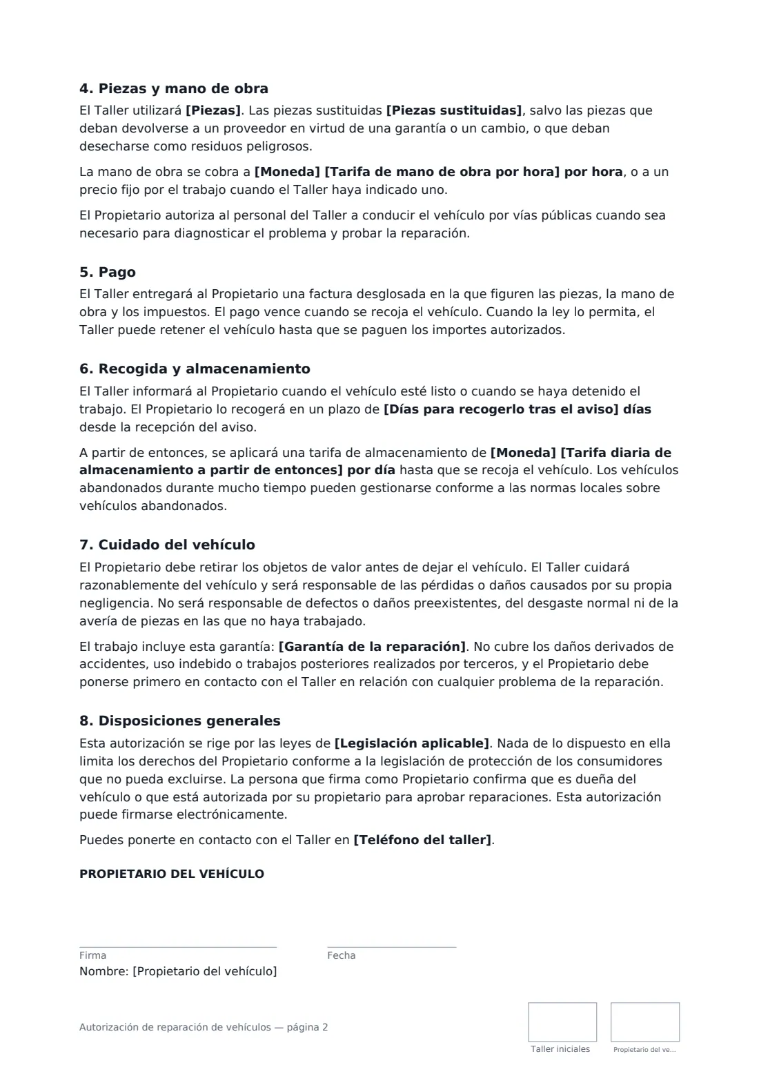 Autorización de reparación de vehículos: página 2 de 3