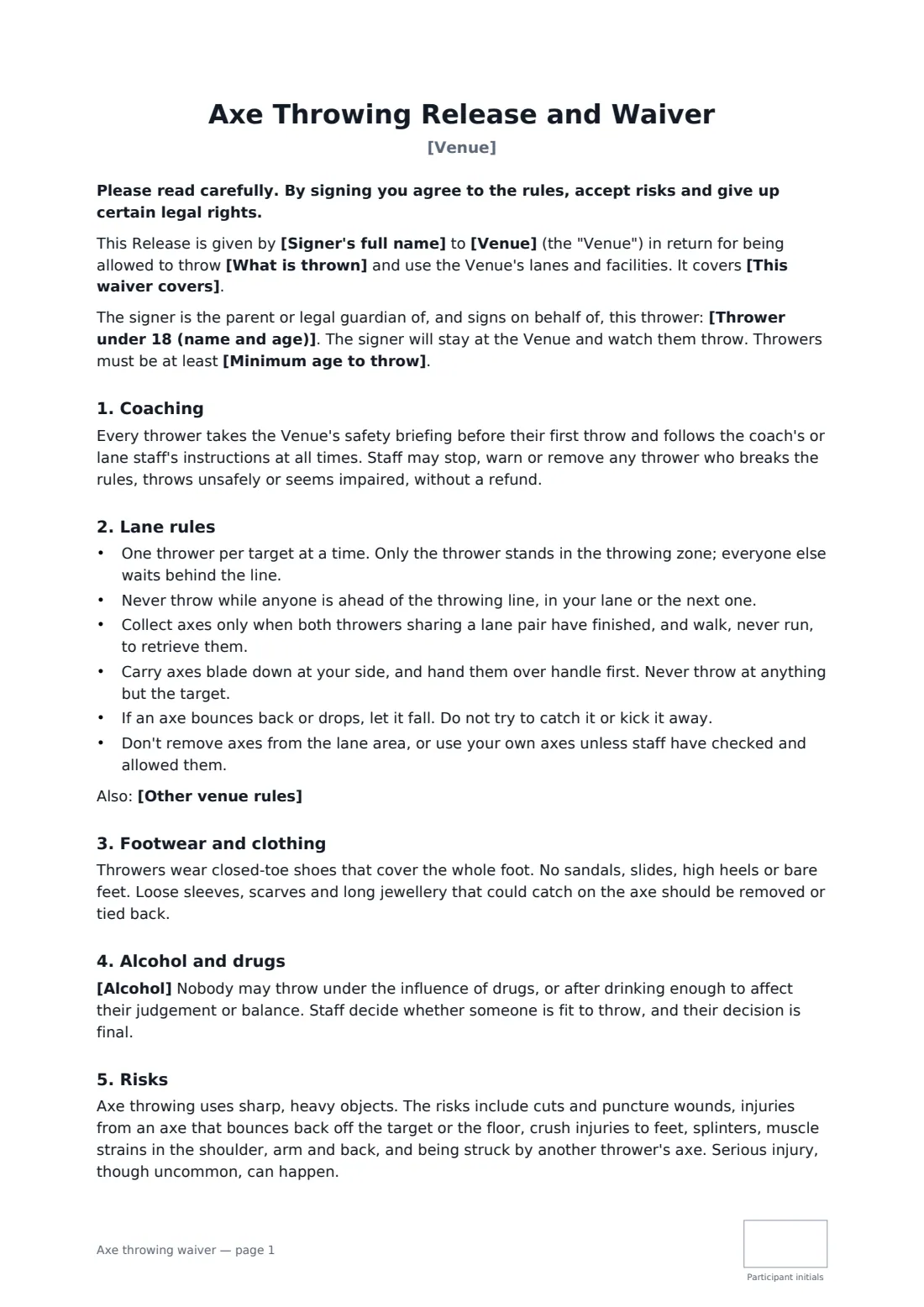 Axe throwing waiver — page 1 of 2