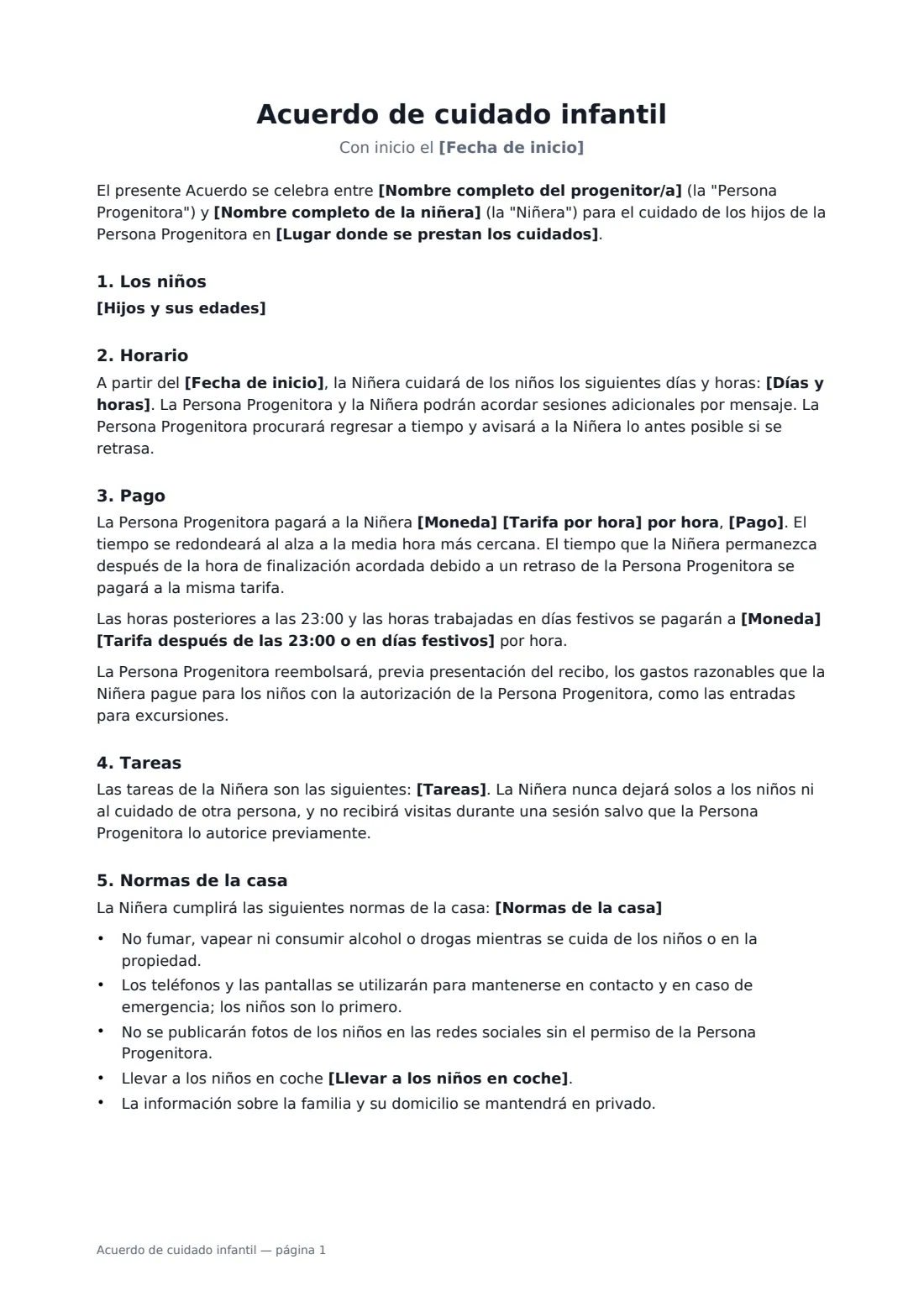 Acuerdo de cuidado infantil: página 1 de 2