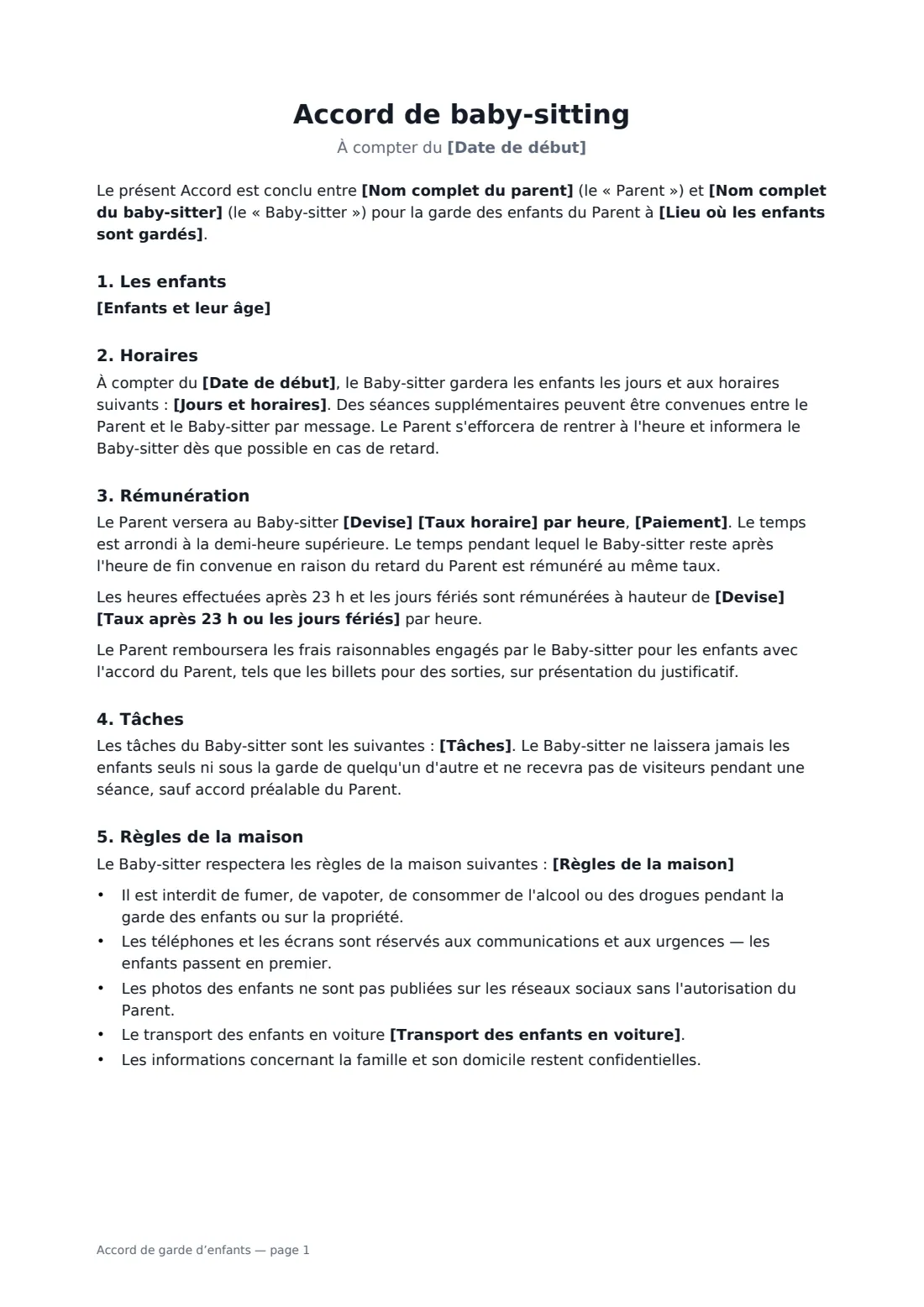 Accord de garde d’enfants — page 1 sur 2