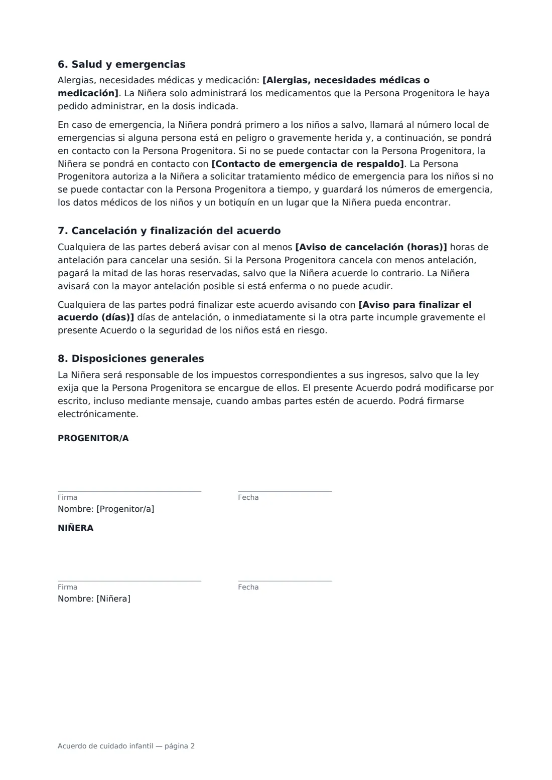 Acuerdo de cuidado infantil: página 2 de 2