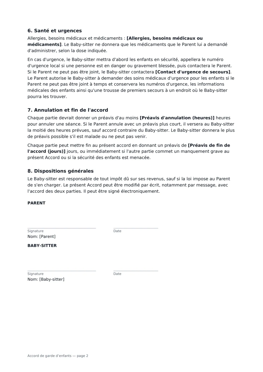Accord de garde d’enfants — page 2 sur 2