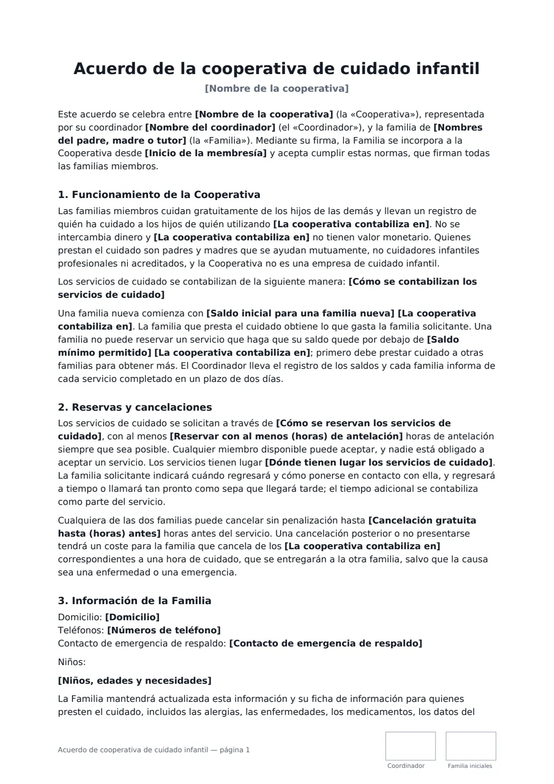 Acuerdo de cooperativa de cuidado infantil: página 1 de 3