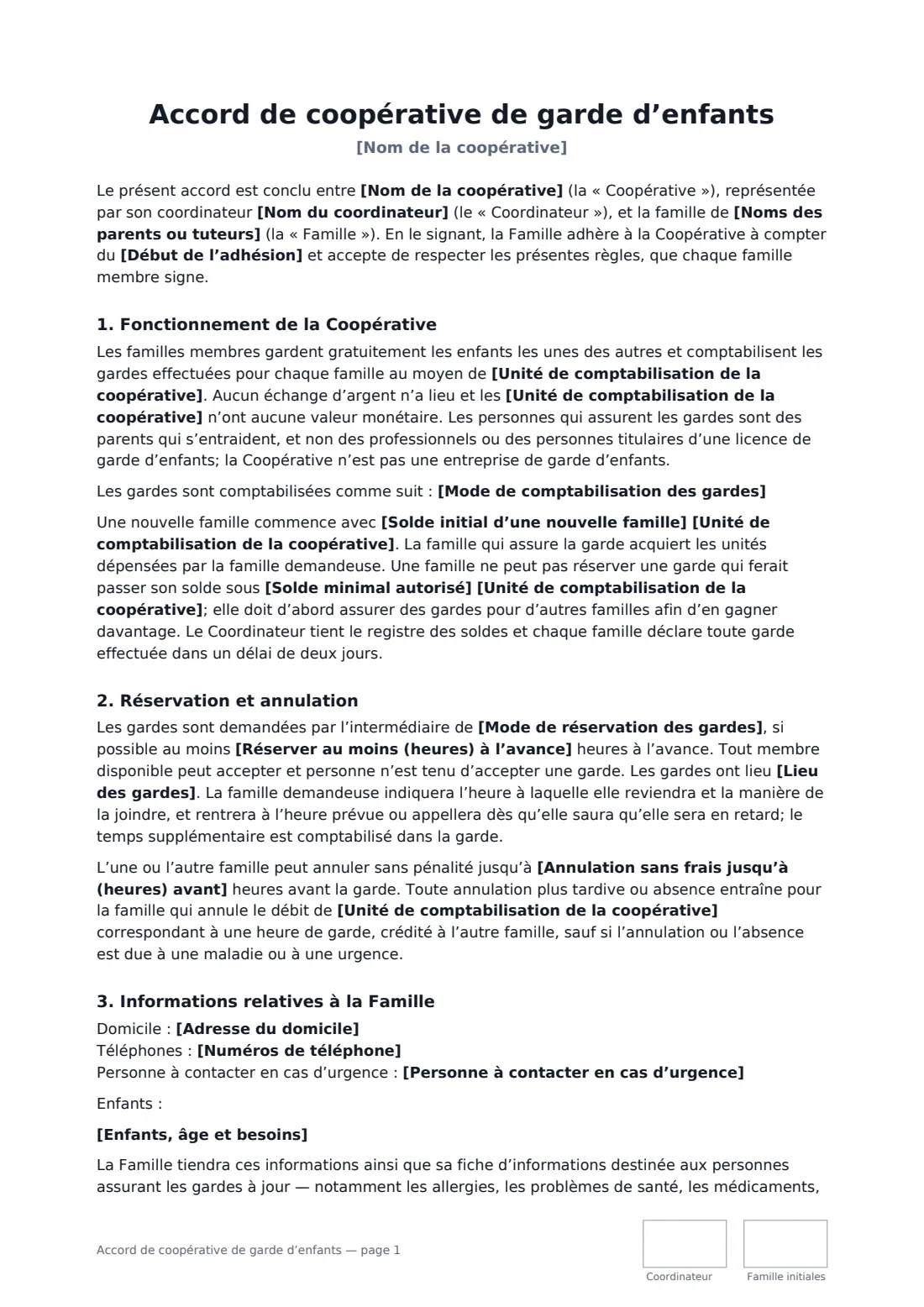 Accord de coopérative de garde d’enfants — page 1 sur 3